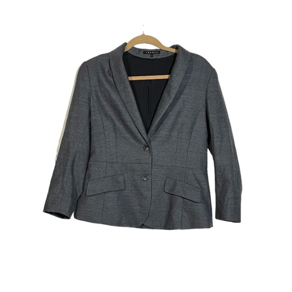Theory Gray and White Wool Blazer Herringbone Size 12 Classic Office Career - Picture 1 of 6